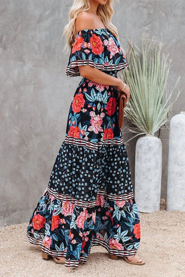 Ruffle Off Shoulder Tie Waist Printed Maxi Dress