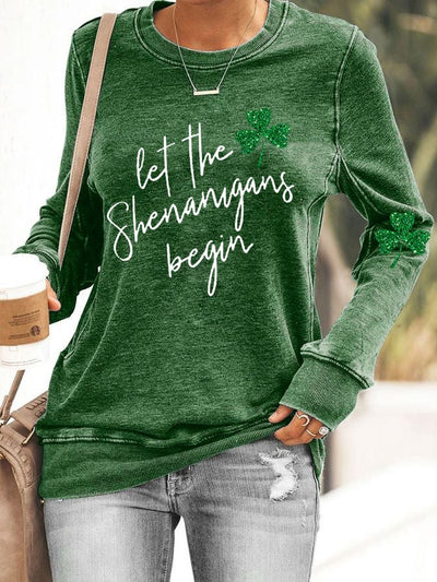 Damen Sweatshirt mit glitzerndem Kleeblatt-Motiv „Let the Shenanigans Begin“ 