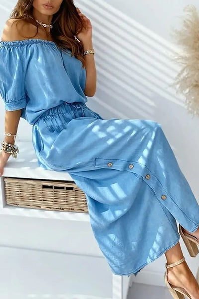 Off Shoulder Frill Hem Top & Maxi Skirt Sets