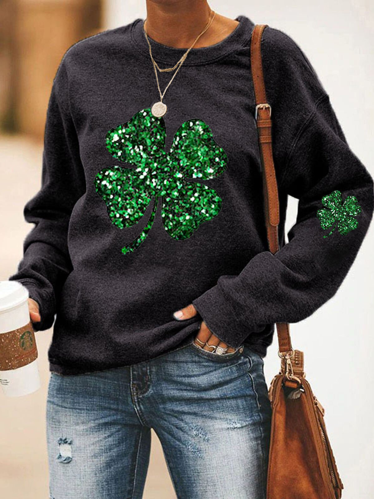 Lässiges Sweatshirt mit glitzerndem Kleeblatt-Print für Damen zum St. Patrick's Day 