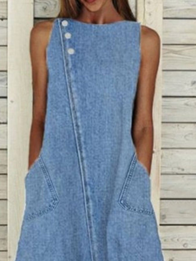 Crew Neck Sleeveless Washed Denim Dress