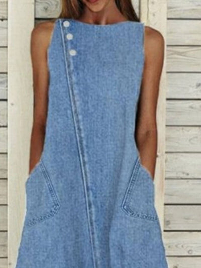 Robe en jean délavé sans manches à col rond 