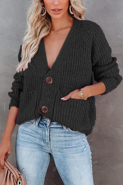 Solid V-Neck Cardigan Single Breasted Long Sleeve Sweater Jacket