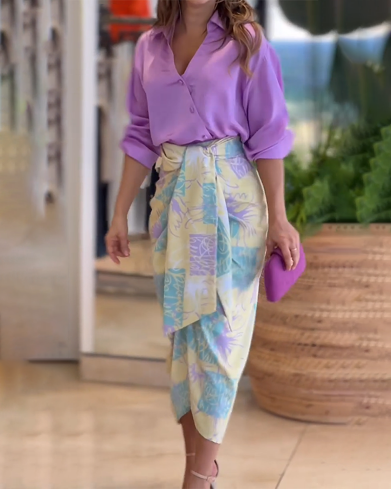 Lapel Long Sleeve Top Print Skirt Two Piece Set