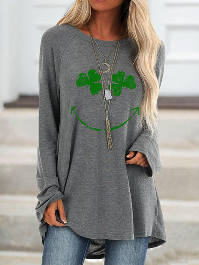 Women's Clover Smiley Print Casual Tee Shirt