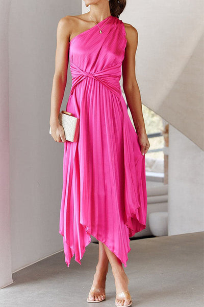 Satin One Shoulder Pleated Midi Dress