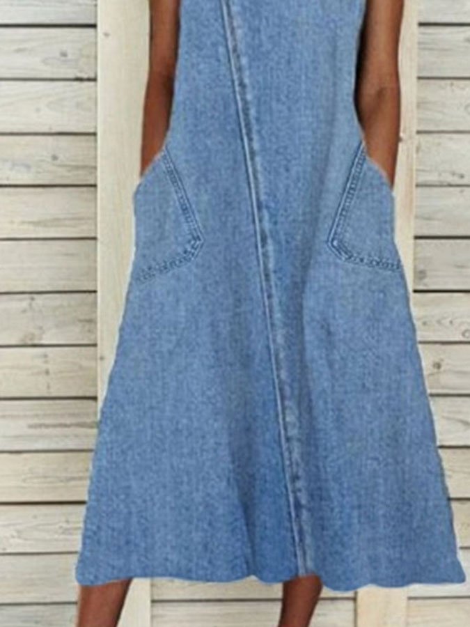 Crew Neck Sleeveless Washed Denim Dress