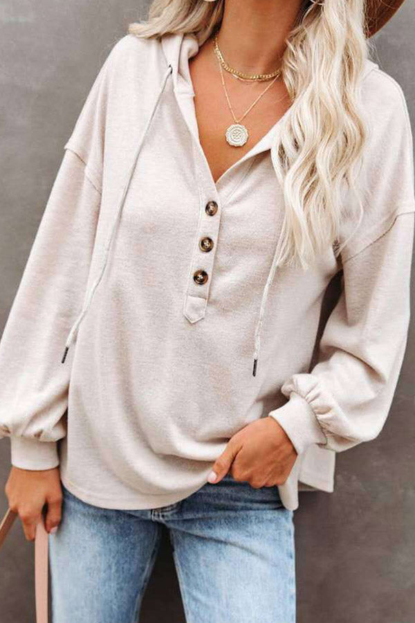 Button Down Casual Loose Solid Hoodie