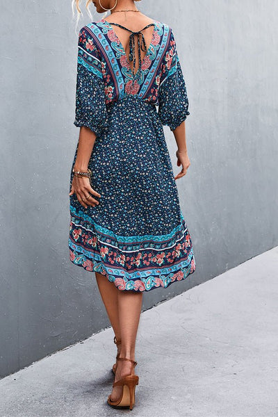 V-Neck Positioned Floral Irregular Backless Dress