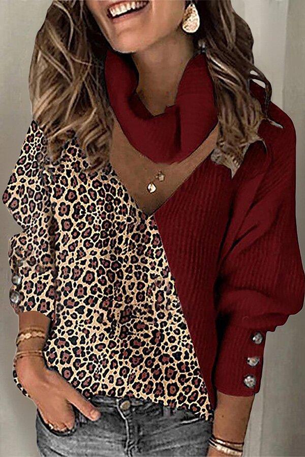 Leopard Print Color Matching Elegant Hollow V High Neck Loose Knit Sweater