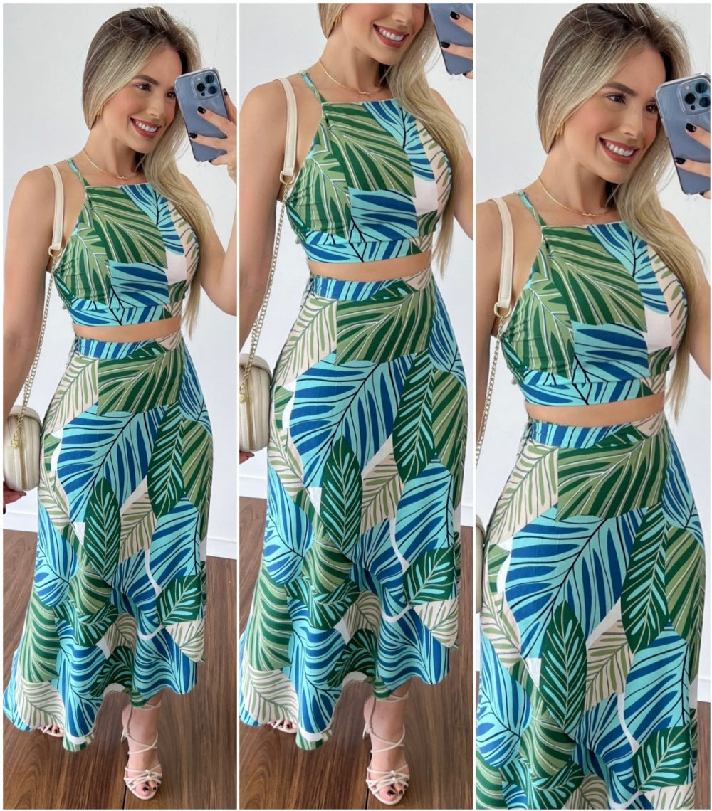 Leaves Print Halter Slim Top & Long Skirt Two Piece Set