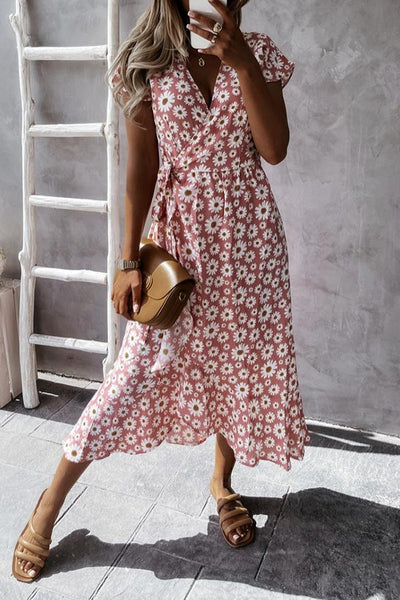 Floral V-neck Wrapped Midi Dress