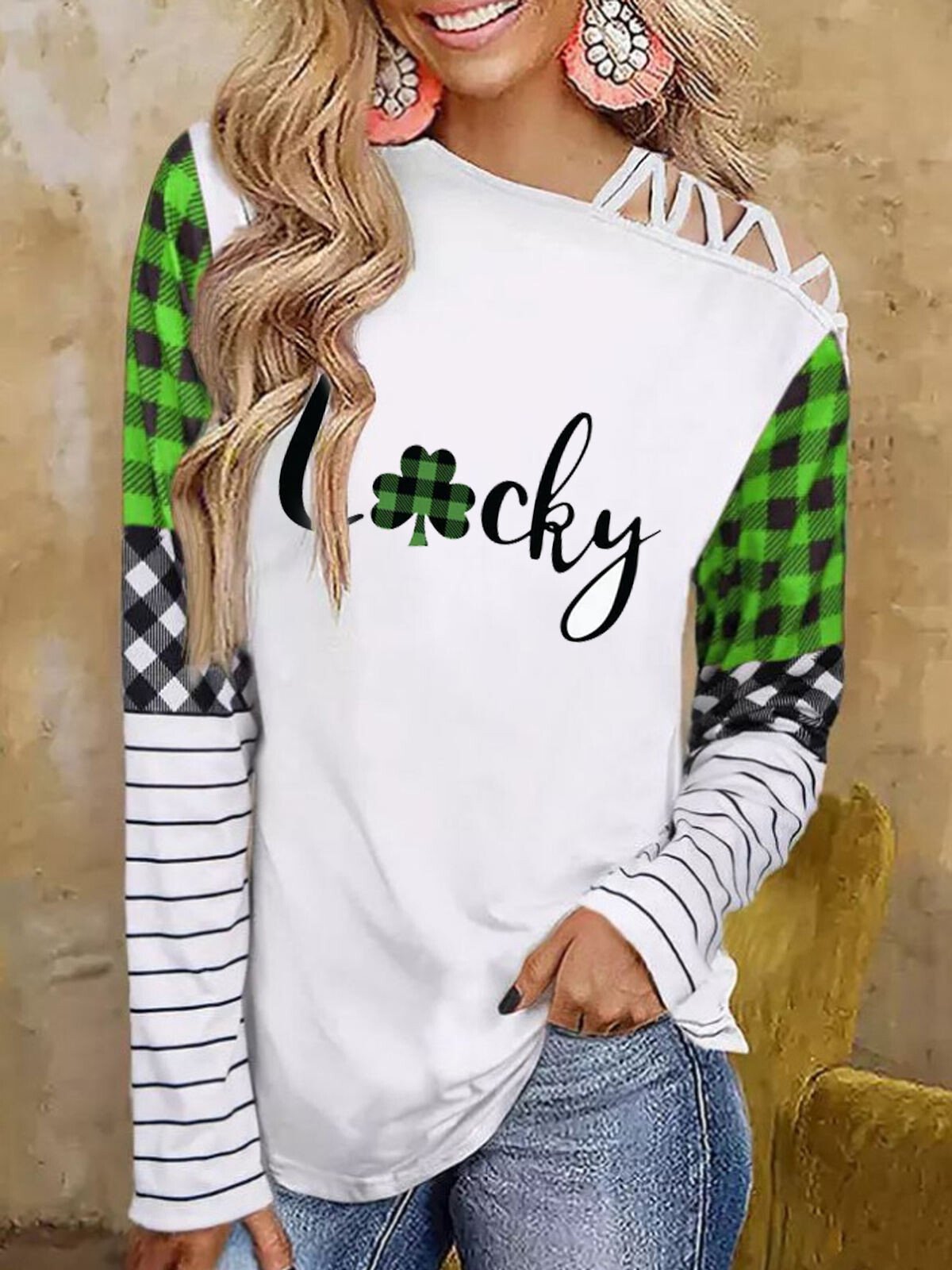 Women's Lucky Shamrock Print Off-Shoulder Plaid Long-Sleeve T-Shirt