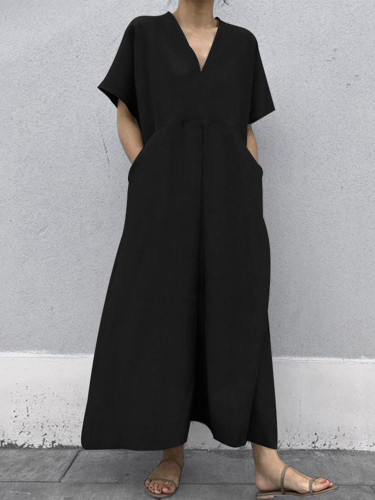 Robe longue à col en V, manches courtes et poches, taille Plus 