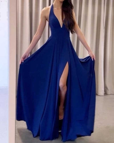 Fashion Solid Color V Neck Backless Dress