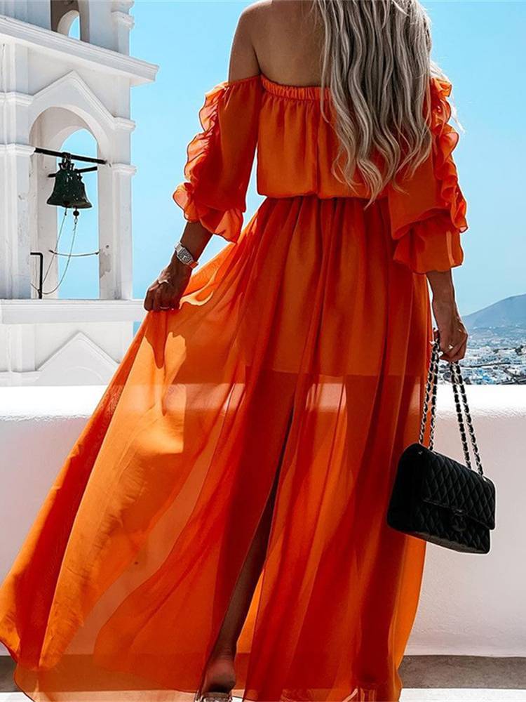 Vacation Sexy Slit Ruffle Dress