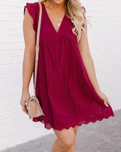 Lace Jacquard Cutout V-Neck Dress with Pockets