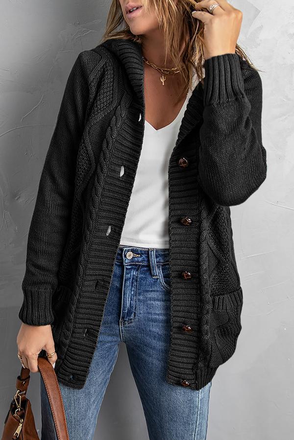 Buttoned Hooded Open Front Knitted Sweater