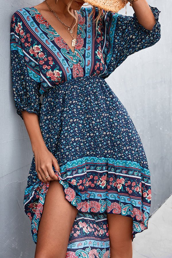 V-Neck Positioned Floral Irregular Backless Dress