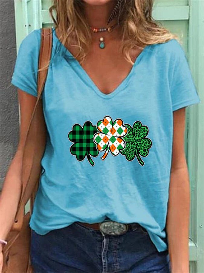 T-shirt à col en V Shamrock pour femmes de la Saint-Patrick 