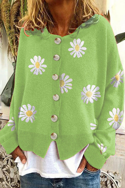 Round Neck Floral Embroidery Knitted Sweater Cardigan