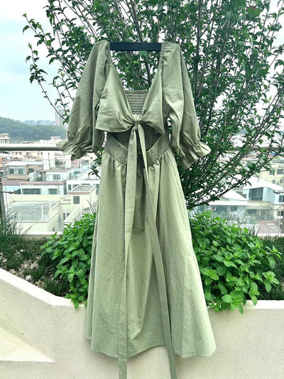 French Ruffled Lantern Sleeves Multi-wear Dress Green