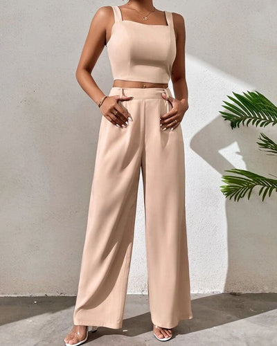 Sleeveless suspender top wide leg pants set