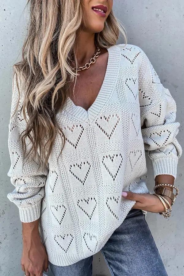 Pure Color V-neck Heart-shaped Hollow Loose Knitted Sweater