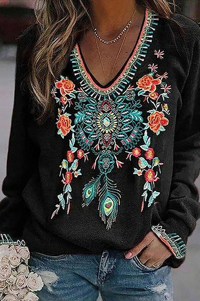 Women's T-Shirts Floral Print V-Neck Long Sleeve T-Shirt