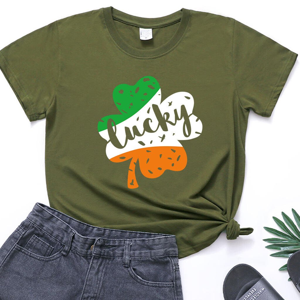 T-shirt ample à manches courtes imprimé lettres porte-bonheur de la Saint-Patrick pour femmes 