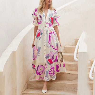 Temperament and fashionable V-neck printed long dress