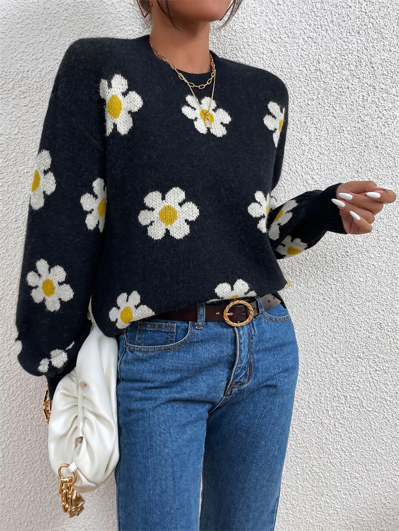 Jacquard-Strickpullover mit Blumenmuster und Rundhalsausschnitt für Damen