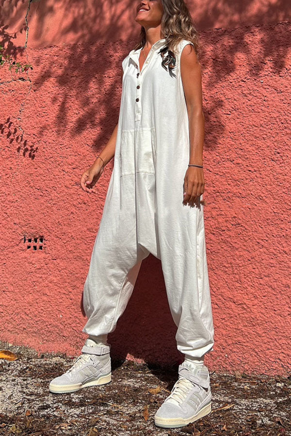 Hoodie Buttons Baggy Jumpsuit-Front Pocket