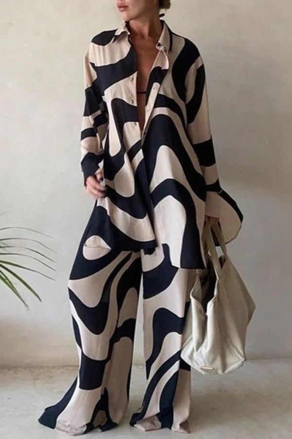 Fashion Print Loose Long Sleeve Shirt + Straight Pants Two Piece Set