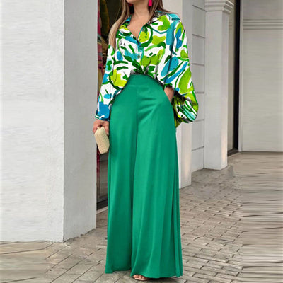 Casual printed shirt elegant wide-leg pants set