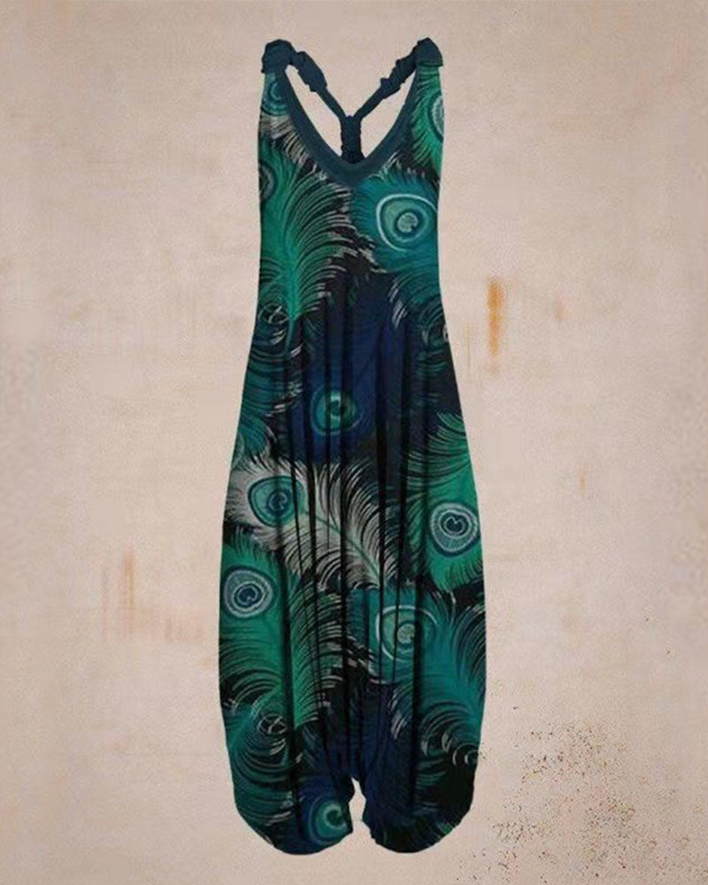 Ethnic print loose plus size jumpsuit