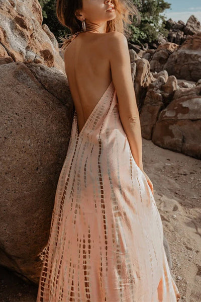 Sexy Sleeveless Halter Lace Up Backless Print Dress