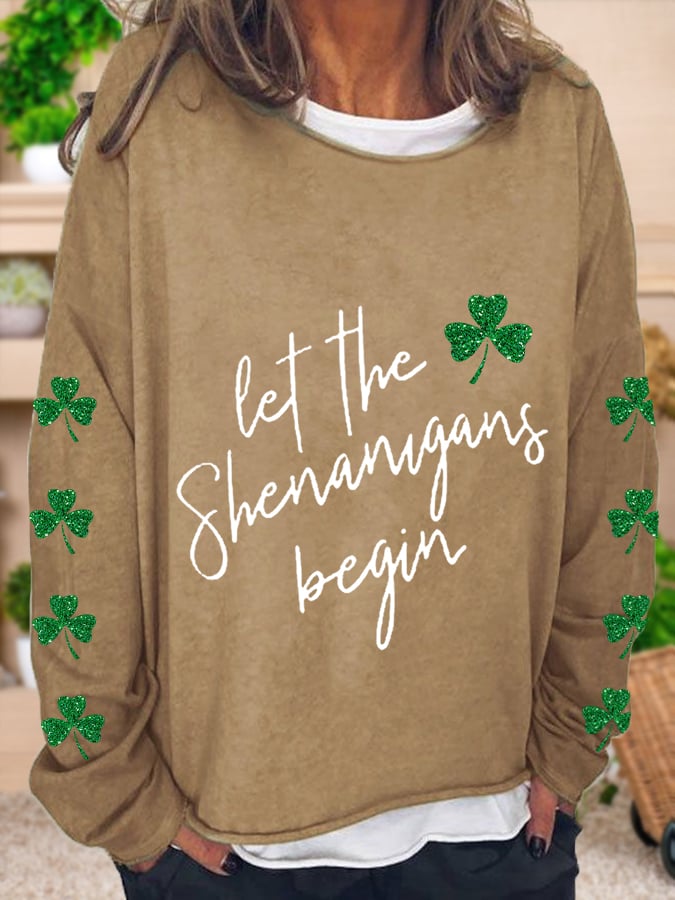 Women's St. Patrick's Day Lucky Glitter Shamrocks Casual Long-Sleeve T-Shirt