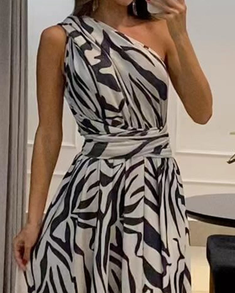 Modisches, ärmelloses Kleid mit One-Shoulder-Print 