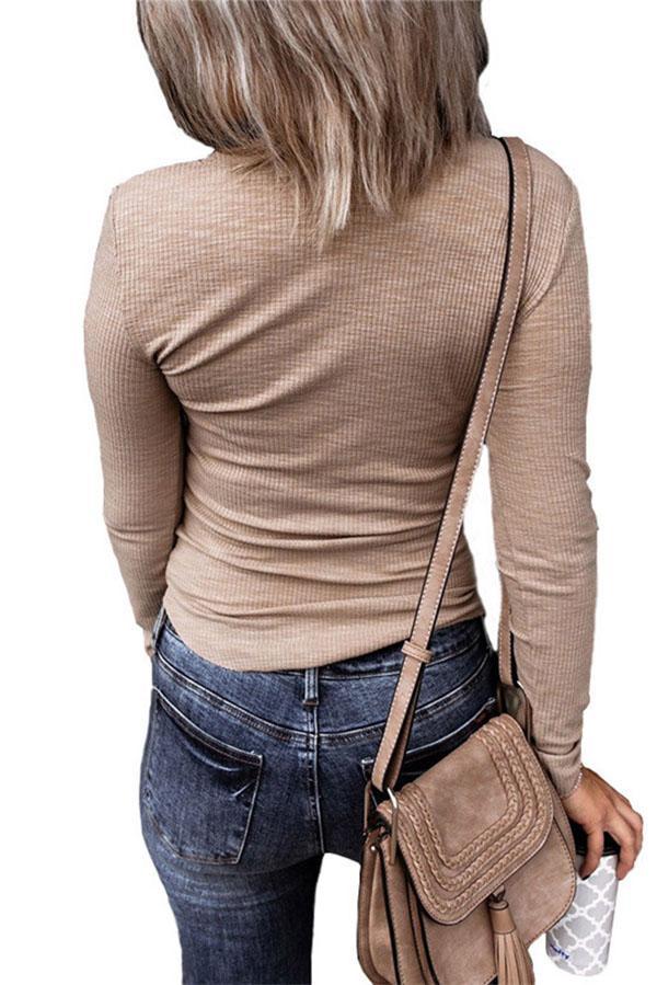 Solid Color Slim-fit V-neck Long-sleeved Top