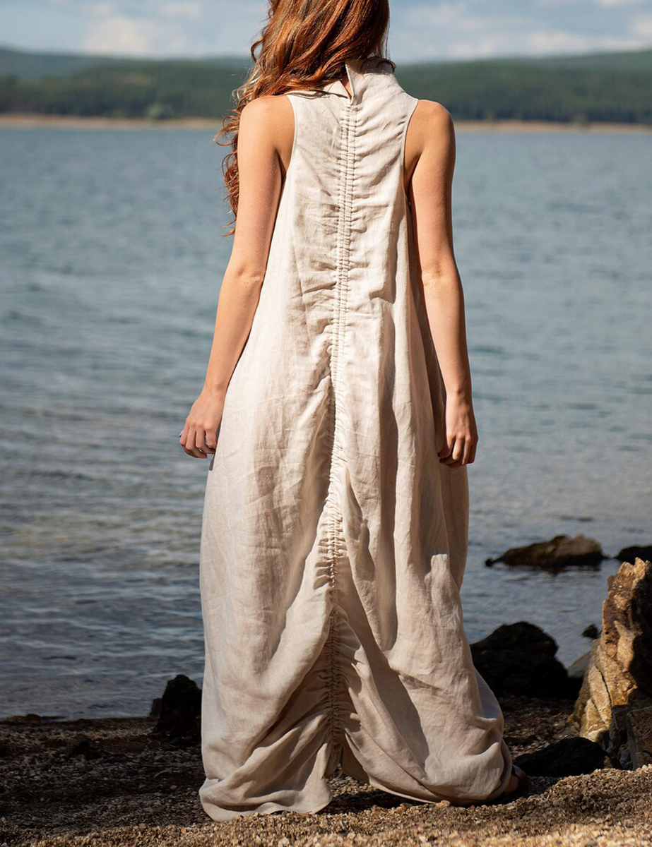 Stand Collar With Back Crinkle Linen Maxi Dress
