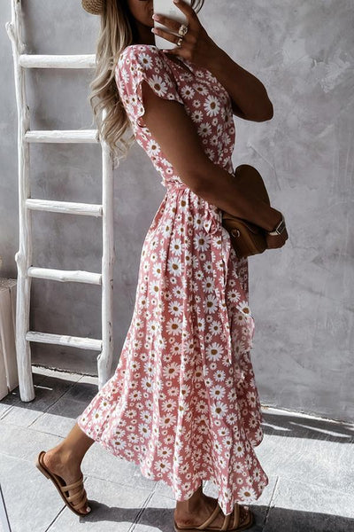 Floral V-neck Wrapped Midi Dress