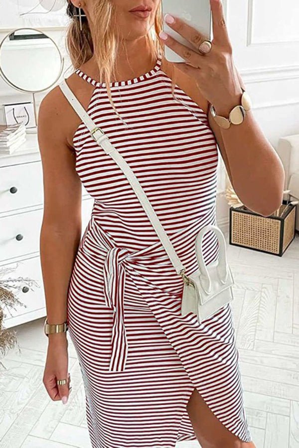 Striped Casual Sleeveless Halter Slim Fit Lace-Up Slit Midi Dress