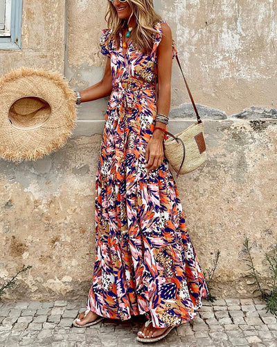 Summer casual printed V-neck swing dress