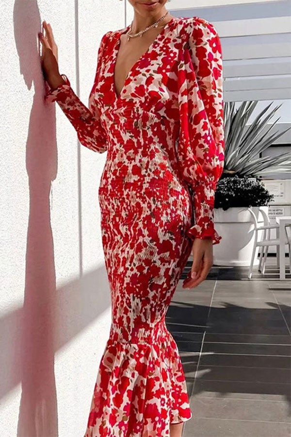 Robe sirène imprimée taille haute à col en V profond