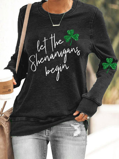 Damen Sweatshirt mit glitzerndem Kleeblatt-Motiv „Let the Shenanigans Begin“ 