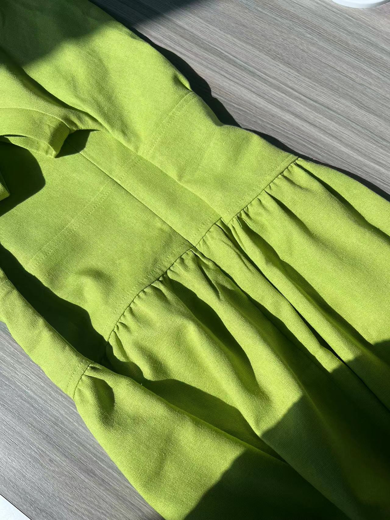 2023 New Linen Grass Green Midi Dress