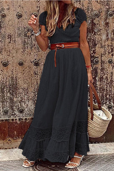 Lace Stitching Mid Waist Solid Color Maxi Dress (With Belt)