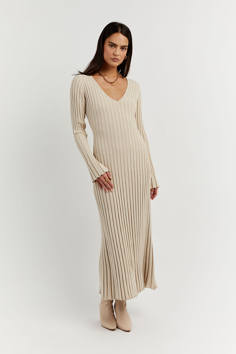 Robe midi en tricot à manches et col en V 