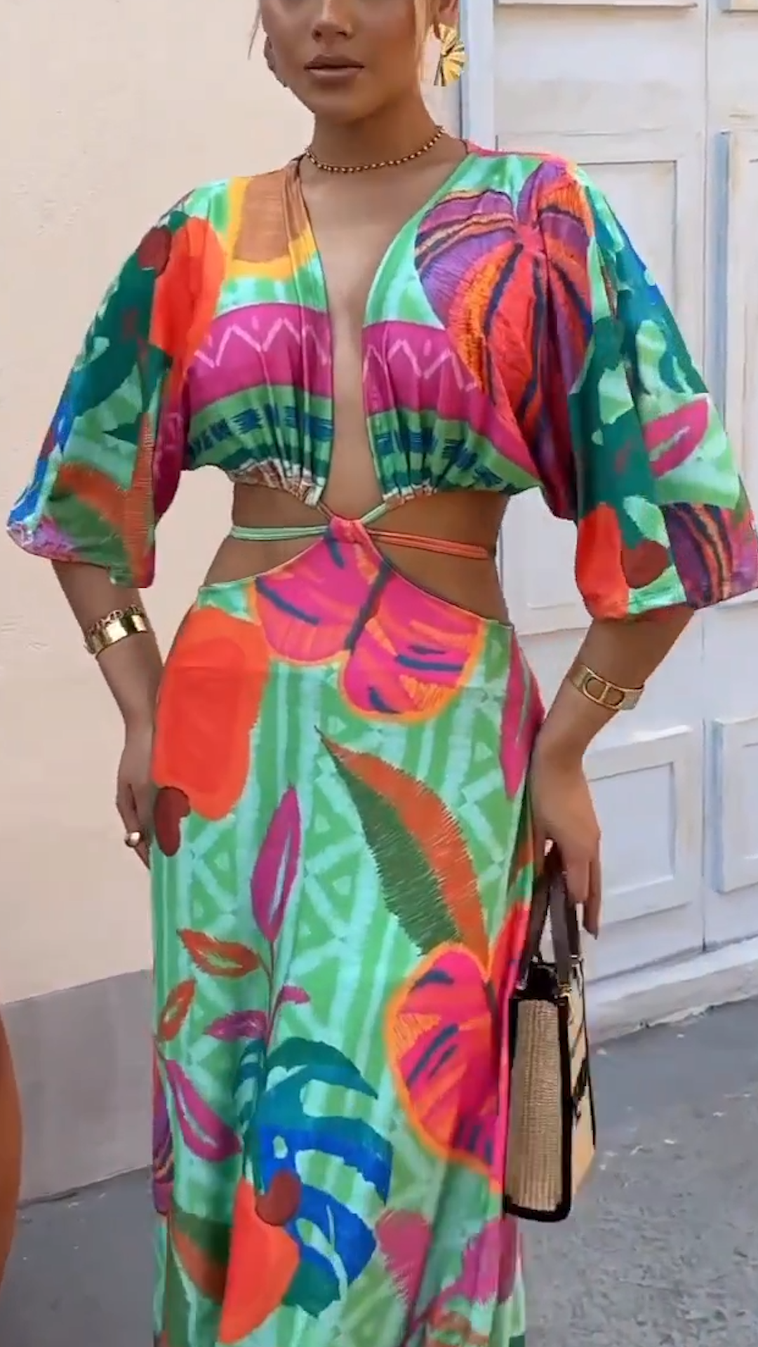 A-Line Tropical Leaf Print Maxi Dress